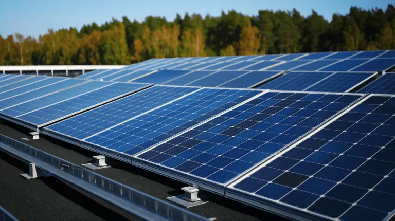 En uppsättning solceller för företag är installerade på ett tak under en klarblå himmel. Panelerna är arrangerade i prydliga rader som reflekterar solljus. I bakgrunden finns en tät skog av träd med grönt och gult löv, vilket tyder på tidig höst.