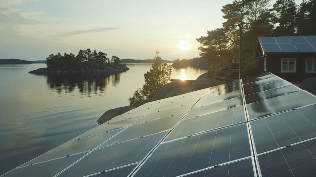 En naturskön utsikt över Solceller i skärgården installerad på ett tak med utsikt över en fridfull sjö vid solnedgången. Himlen är delvis molnig och en liten ö med träd syns i fjärran. En träbyggnad med liknande uppställning ses till höger.