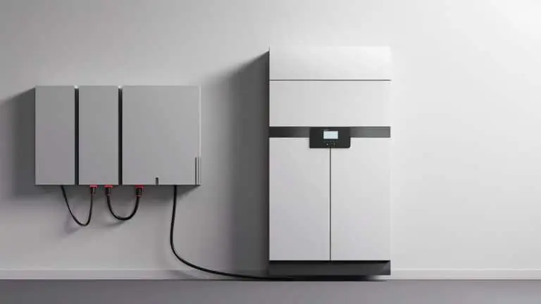 Ett modernt energilagringssystem för hem är monterat på en vit vägg. Installationen har två mindre batterienheter till vänster med kablar anslutna till en större centralenhet till höger. Centralenheten har en digital bildskärm i mitten, perfekt som ett solcellsbatteri för företag.