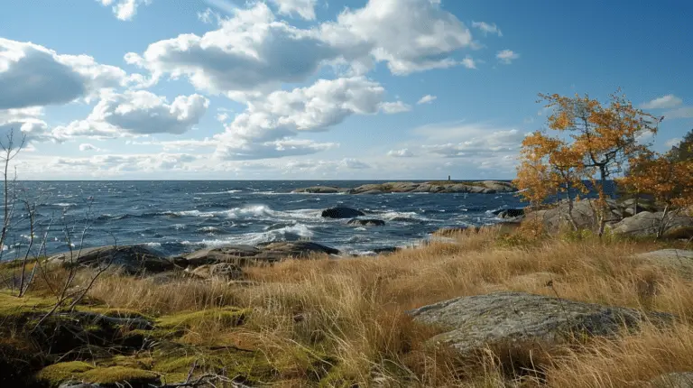 Stenig kustlinje med höga, gyllene gräs i förgrunden och spridda, lövlösa träd till höger. Havets vågor slår mot klipporna under en delvis molnig himmel. En avlägsen fyr syns i horisonten nära Solceller Åkersberga. Scenen antyder en kylig, blåsig dag.