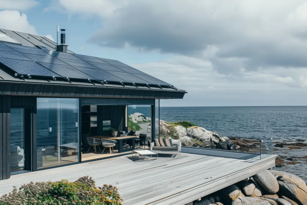 Ett modernt hus med solceller på taket står på en stenig strandlinje. Den har stora glasfönster och ett rymligt trädäck med utemöbler och utsikt över havet. Himlen är delvis molnig och vattnet verkar lugnt, vilket gör detta till en idealisk plats att dra nytta av grönt avdrag.