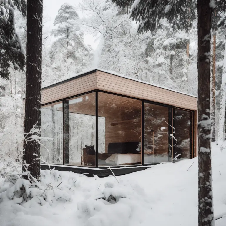 En modern glashytt med träaccenter står i en snöig skog. Stora fönster ger en panoramautsikt över de snötäckta träden som omger strukturen. Solceller på attefallshus syns på taket som förstärker den minimalistiska interiören och skapar en mysig, hållbar atmosfär mitt i det vintriga landskapet.