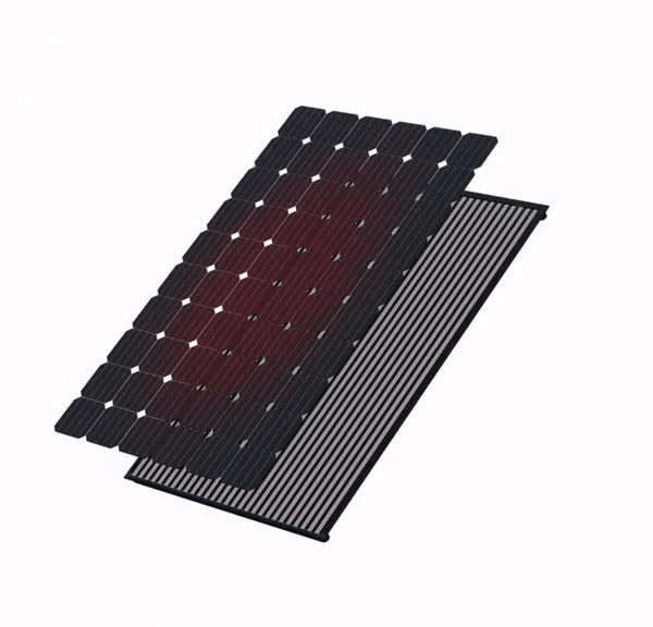 En lager-på-lager-illustration som visar en svart solhybrider-solpanel delvis separerad från en randig baksida, vilket framhäver panelens interna struktur och komponenter.