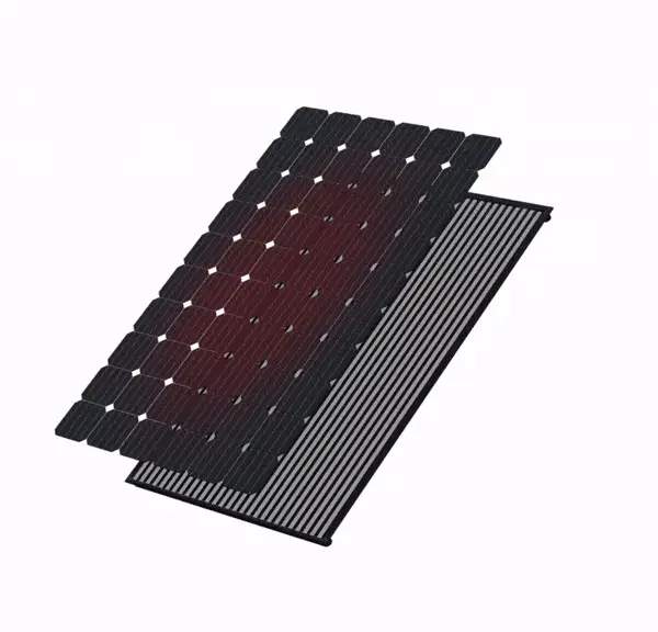 En lager-på-lager-illustration som visar en svart solhybrider-solpanel delvis separerad från en randig baksida, vilket framhäver panelens interna struktur och komponenter.