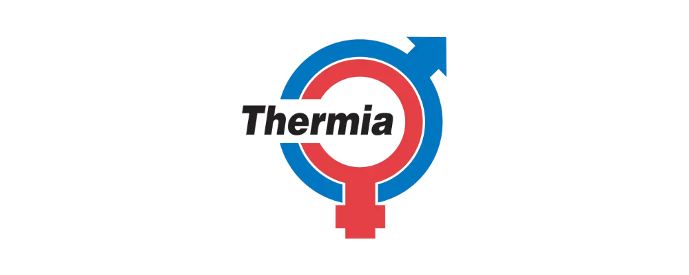 Logotyp med ordet "Thermia" överlagrat på kombinerade manliga (blå) och kvinnliga (röda) könssymboler, som symboliserar enighet och inkludering. Designen återspeglar innovation i lösningar som värmepump och fotonisk teknik. Bakgrunden är vit.
