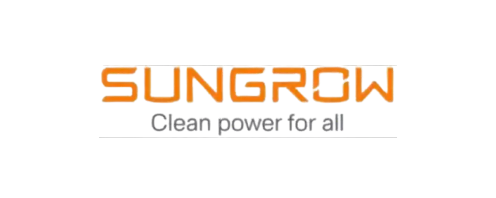 Bilden visar SUNGROW-logotypen i orange text ovanför sloganen "Clean power for all" i grå text mot en vit bakgrund, vilket framhäver varumärkets engagemang för ENERGIEFFEKTIVISERING.