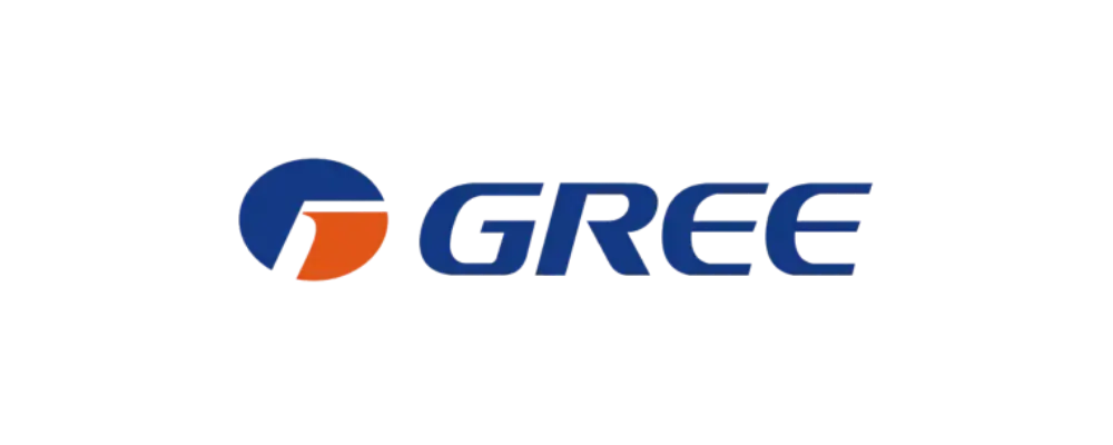 Gree-logotypen har en blå och orange abstrakt symbol, inspirerad av fotonisk teknik, bredvid ordet "GREE" i feta, blå versaler på en ljusgrå bakgrund.