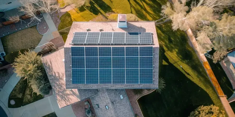 Flygfoto över ett hus med ett stort utbud av solpaneler installerade på taket. Takpanelarrangemanget, valt att välja rätt solpaneler, är i ett rektangulärt mönster. Runt huset finns träd, en välskött gräsmatta och en uppfart med böjda kanter.