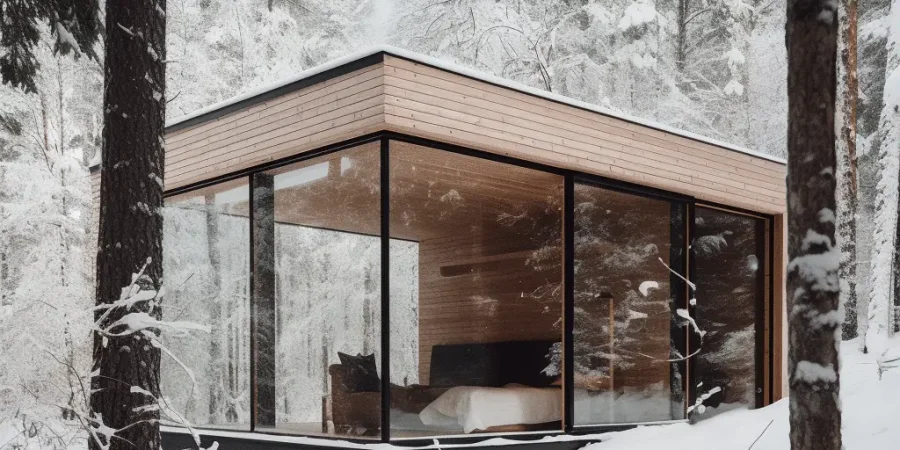 En modern glashytt med träaccenter står i en snöig skog. Stora fönster ger en panoramautsikt över de snötäckta träden som omger strukturen. Solceller på attefallshus syns på taket som förstärker den minimalistiska interiören och skapar en mysig, hållbar atmosfär mitt i det vintriga landskapet.