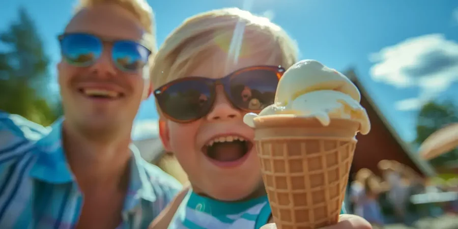Ett glatt barn med solglasögon håller upp en glassstrut med en skopa vanilj, med en leende man i solglasögon bredvid sig. Solen skiner starkt och den blå himlen skapar en glad kuliss, accentuerad av solceller på taket i bakgrunden.